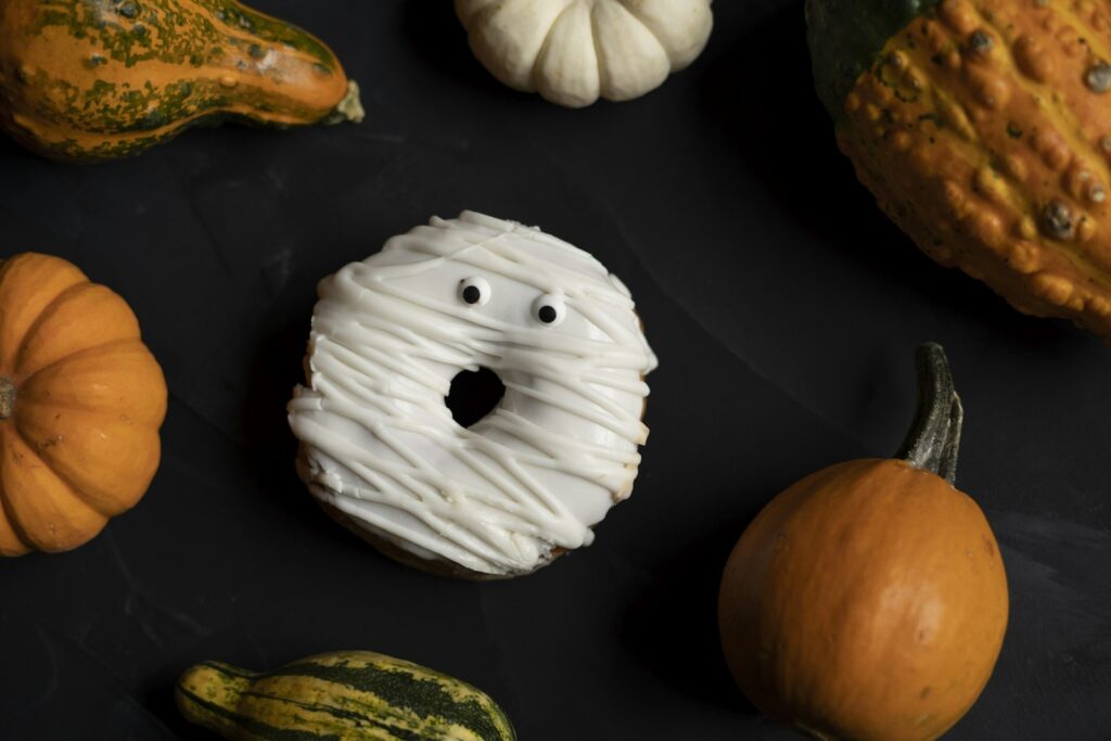 Soft Halloween ghost doughnut with pumpkins, braces-friendly treats in Winston-Salem and Clemmons
