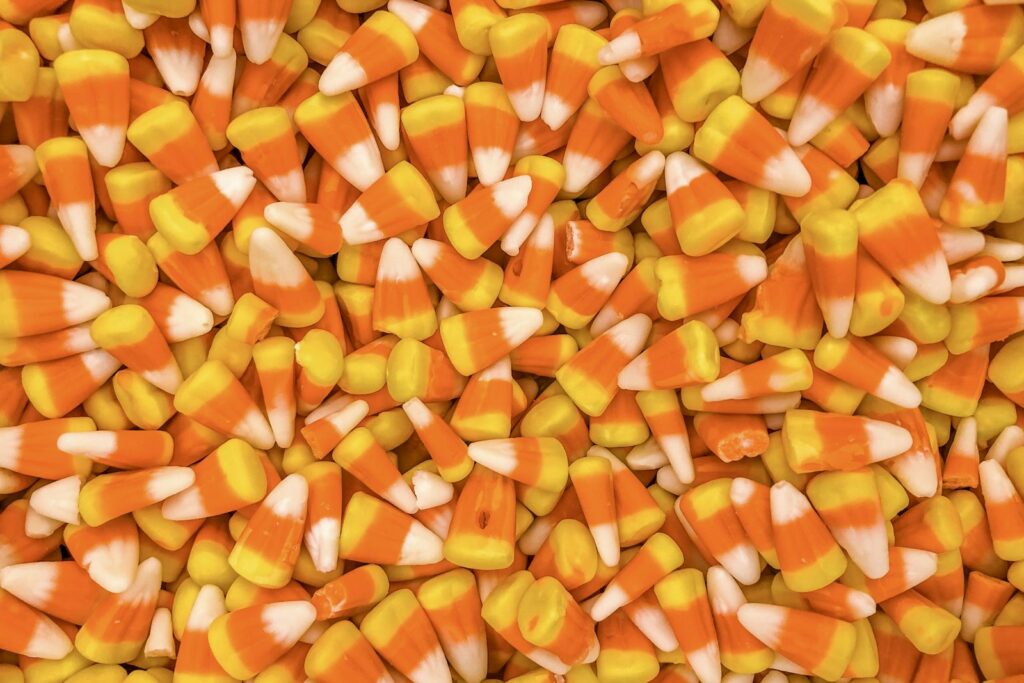 Pile of candy corn, a Halloween candy kids with braces should avoid in Winston-Salem